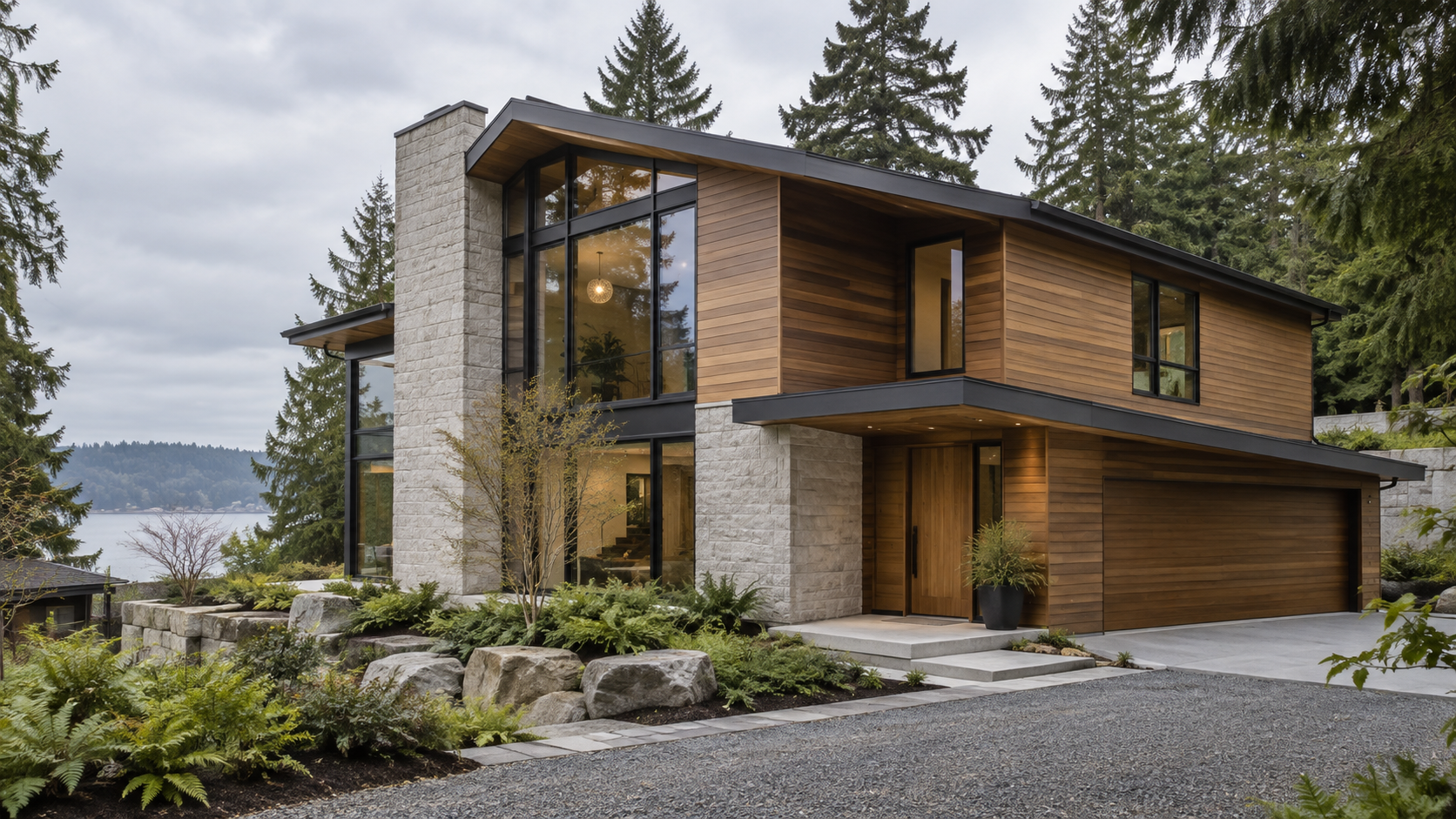 Architectural concept of a contemporary Northwest home with cedar siding and a garden